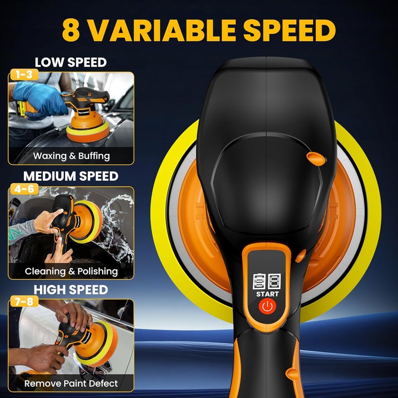 byczone Cordless Buffer Polisher Kit For DEWALT 20V LI-ION Battery.6-Inch Orbital Buffer Polisher with 8 Variable Speed with 25pcs Polishing Accessories, for Car Polishing/Waxing (Tool Only) - Image 5